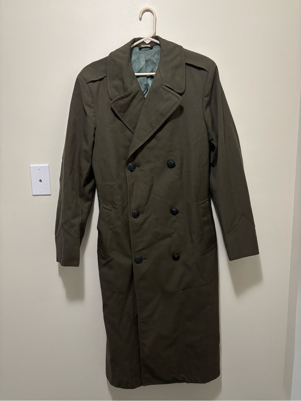 Vintage 1977 USMC Military Wool Overcoat Serge Green MC Shade 2234 (Size 36L)